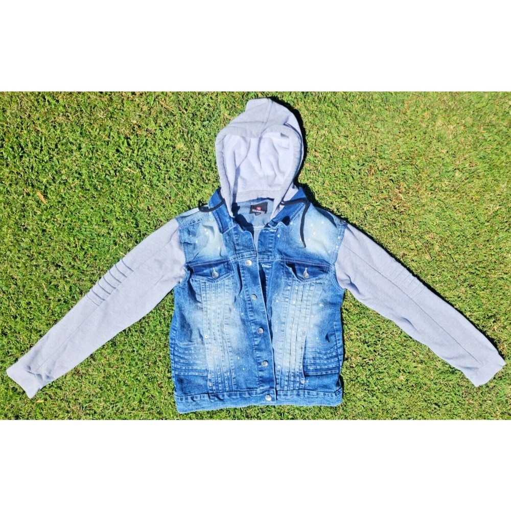 South Pole Men’s Paint Splash Blue Denim & Gray Removable Hoodie Jacket Size L